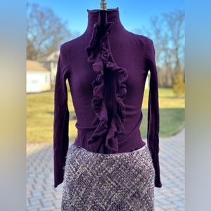DIANE VON FURSTENBERG DARK BERRY PURPLE WOOL SWEATER RUFFLE BIB MEDIUM
